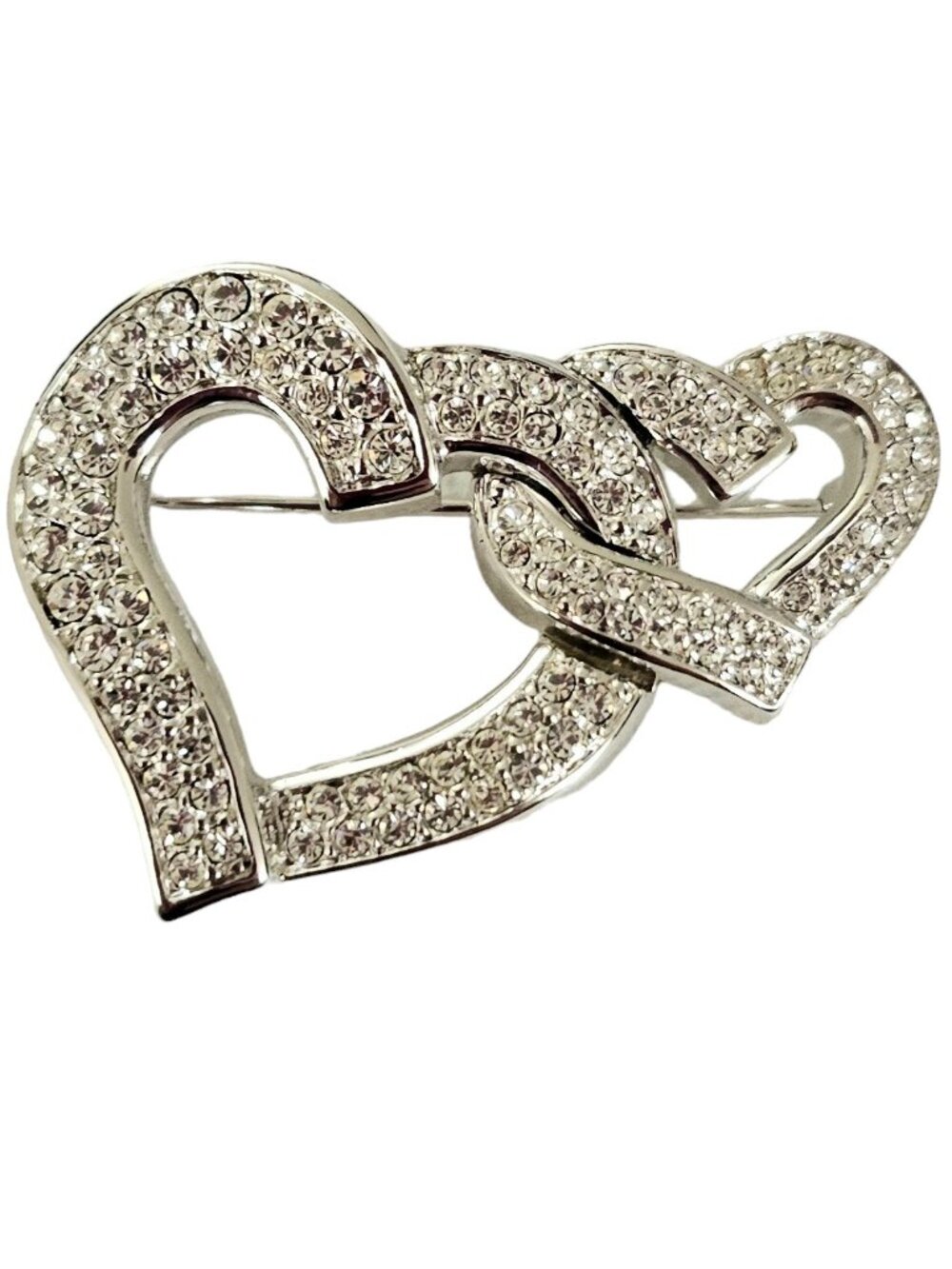 Swarovski Clear Crystal Silver Tone Entwined Heart Duo Brooch Pin L102